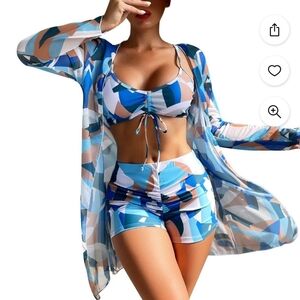 New! Women Large boy short 3 Piece swim suit cardigan cover up blue abstract